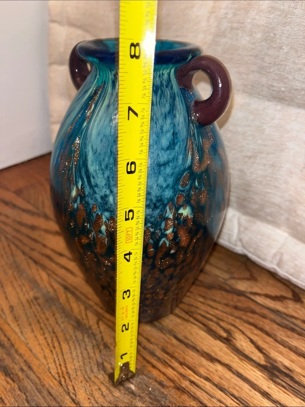 Dale Tiffany Blue and Copper Glass Vase with Loop Handles